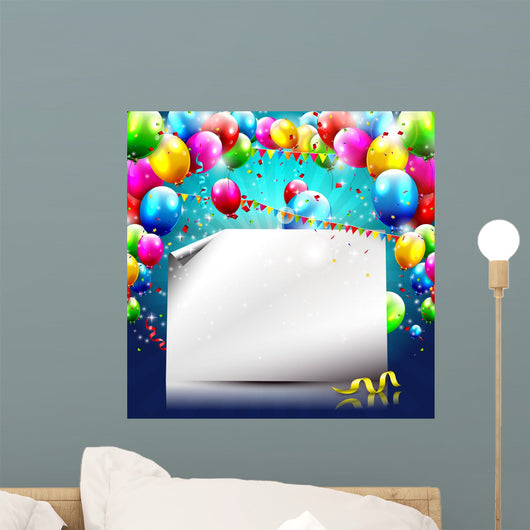 Colorful birthday background with balloons and empty paper 