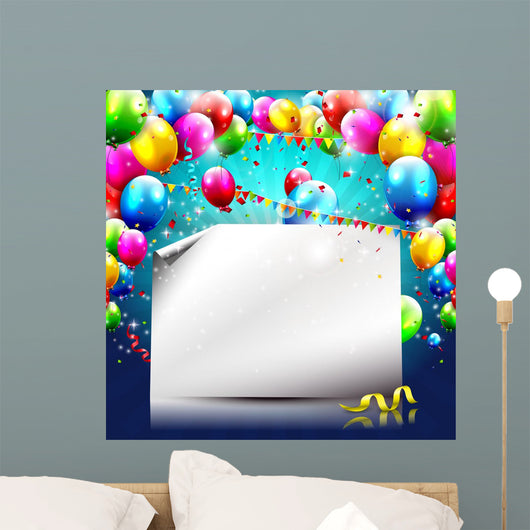 Colorful birthday background with balloons and empty paper 
