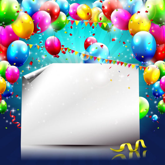 Colorful birthday background with balloons and empty paper 