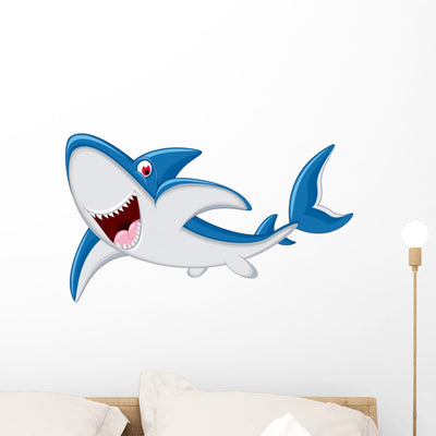 Happy Shark Cartoon Wall Decal shown on a wall