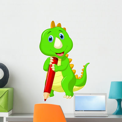 Cute Dinosaur Cartoon Holding Wall Decal shown on a wall