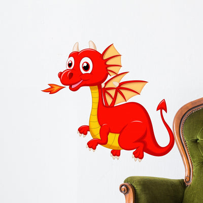 Cute Red Dragon Wall Decal shown on a wall