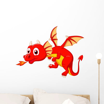 Cute Red Dragon Flying Wall Decal shown on a wall