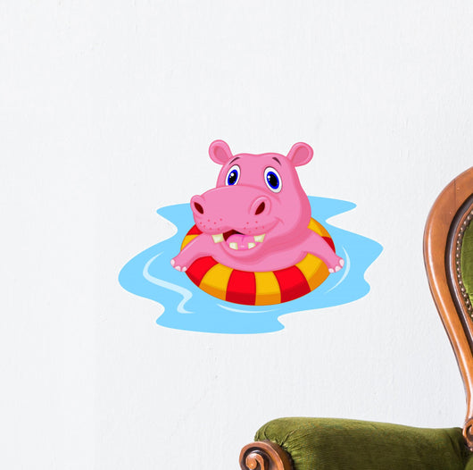 Hippo floating on an inflatable circle in the pool Wall Decal