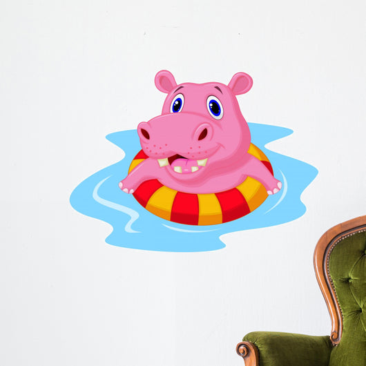 Hippo floating on an inflatable circle in the pool Wall Decal