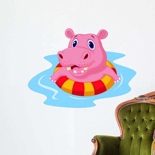 Hippo floating on an inflatable circle in the pool Wall Decal