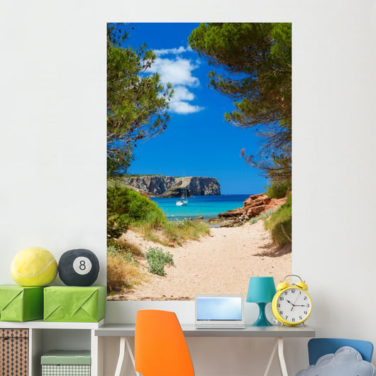 View on Cala Algaiarens from sand pathway to the beach 
