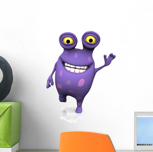 A spotted monster waving and looking very happy. 