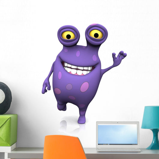 A spotted monster waving and looking very happy. 