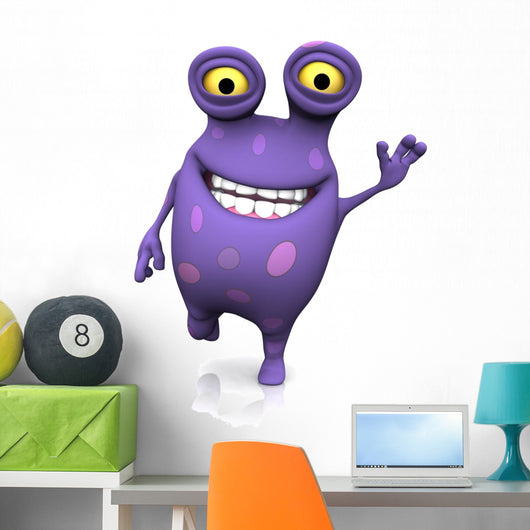 A spotted monster waving and looking very happy. 