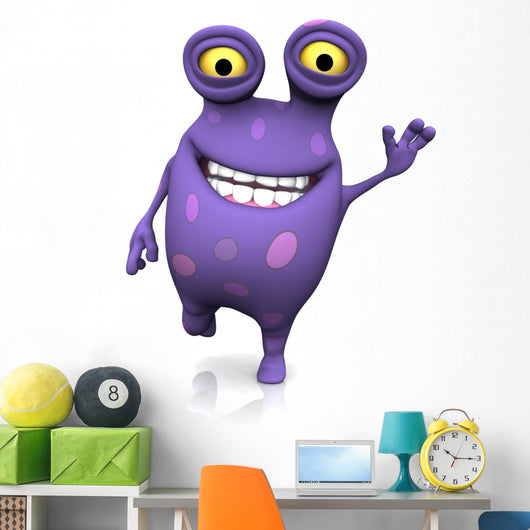 A spotted monster waving and looking very happy. 