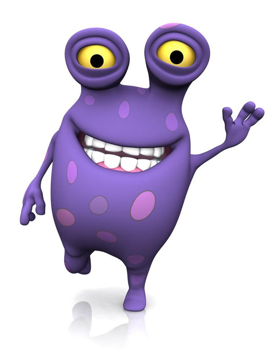 A spotted monster waving and looking very happy. 