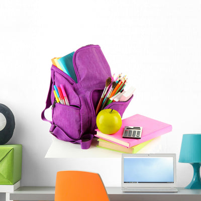 Purple Backpack with School Wall Decal shown on a wall