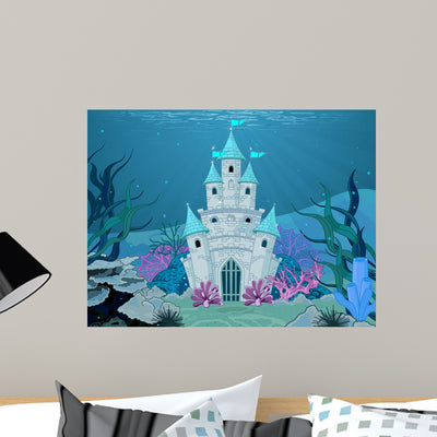 Underwater Mermaid Castle Wall Mural shown on a wall