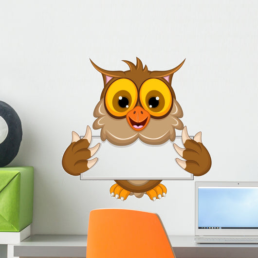 cute owl cartoon holding blank sign Wall Decal