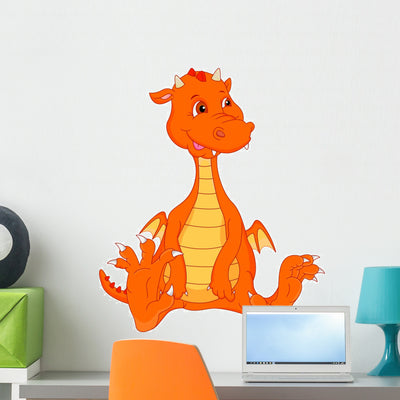 Cute Baby Dragon Cartoon Wall Decal shown on a wall