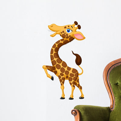 Cute Giraffe Cartoon Wall Decal shown on a wall