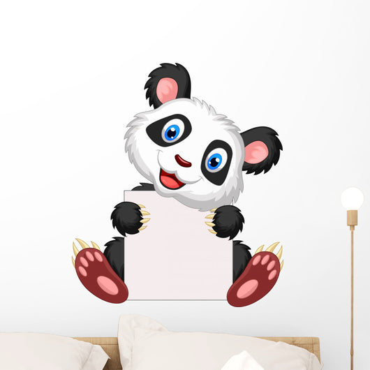 Cute panda cartoon holding blank sign Wall Decal