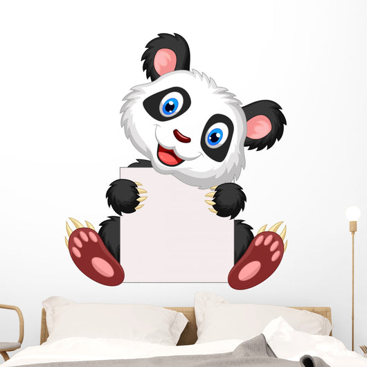 Cute panda cartoon holding blank sign Wall Decal