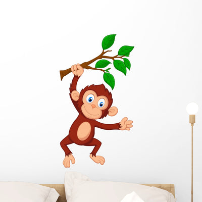 Cute Monkey Cartoon Hanging Wall Decal shown on a wall