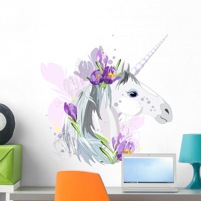 Unicorn with Purple Flowers Wall Decal shown on a wall