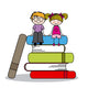 kids sitting on books 