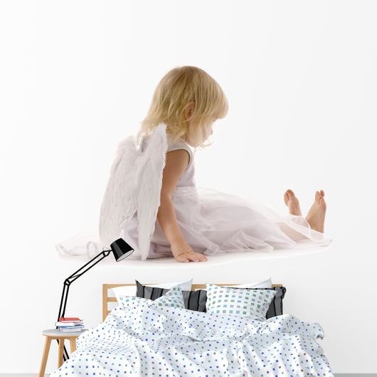 little girl sadly sitting in white dress and angel wings Wall Decal
