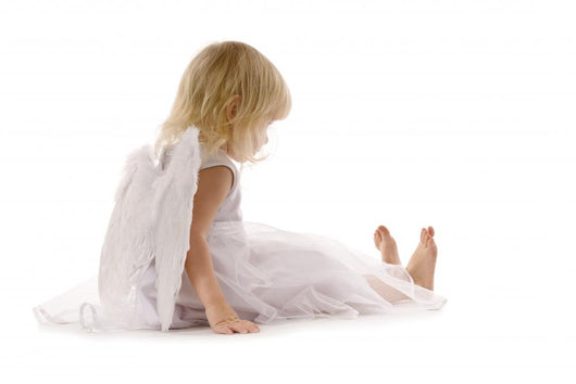 little girl sadly sitting in white dress and angel wings Wall Decal