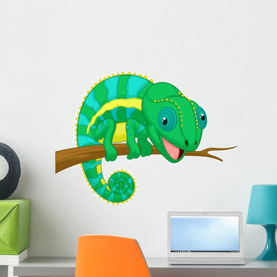 Cute Chameleon Cartoon Wall Decal shown on a wall