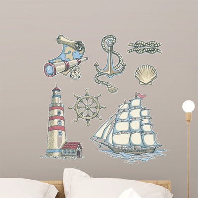 Set Vector Nautical Illustrations shown on a wall