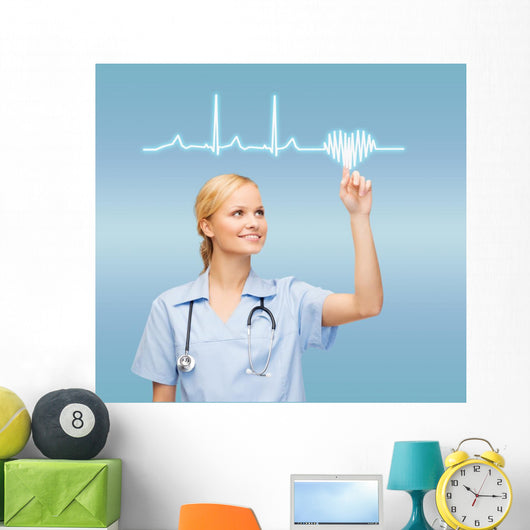 smiling doctor or nurse pointing to cardiogram Wall Mural