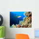 Underwater image of coral reef with shark and divers 