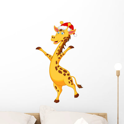 Giraffe Cartoon with Christmas Wall Decal shown on a wall