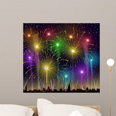 Fireworks Cityscape-vector shown on a wall