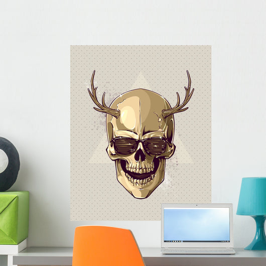 Hipster Gold Skull With Horns Wall Mural