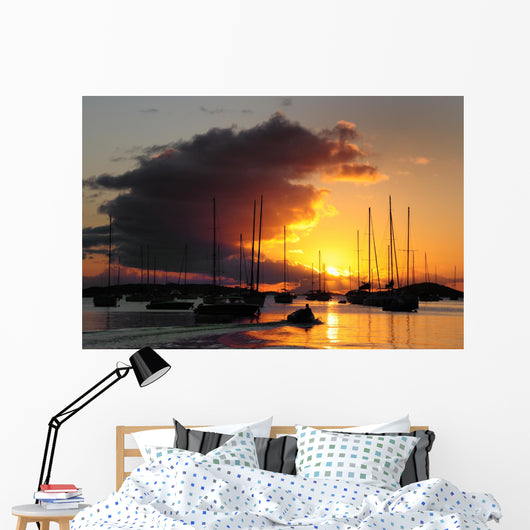Sunset view of boats on the water in St. John, US Virgin Islands Wall Mural