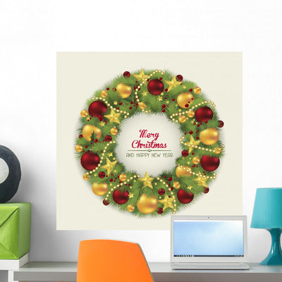 Christmas Wreath Wall Mural shown on a wall