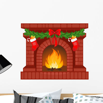 Christmas Fireplace Wall Decal shown on a wall