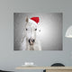 White christmas horse with santa hat on gray background snowfall 