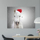 White christmas horse with santa hat on gray background snowfall 