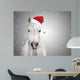 White christmas horse with santa hat on gray background snowfall 