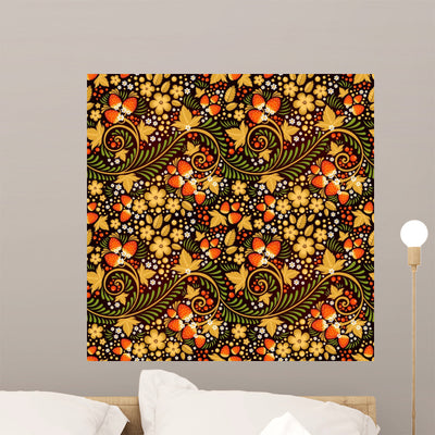 Festive Khokhloma Seamless Pattern Wall Decal shown on a wall