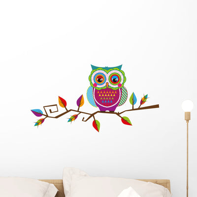 Colorful Abstract Patchwork Owl Wall Decal shown on a wall