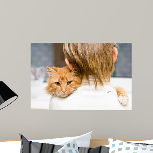 The red cat sitting on a shoulder at the child 