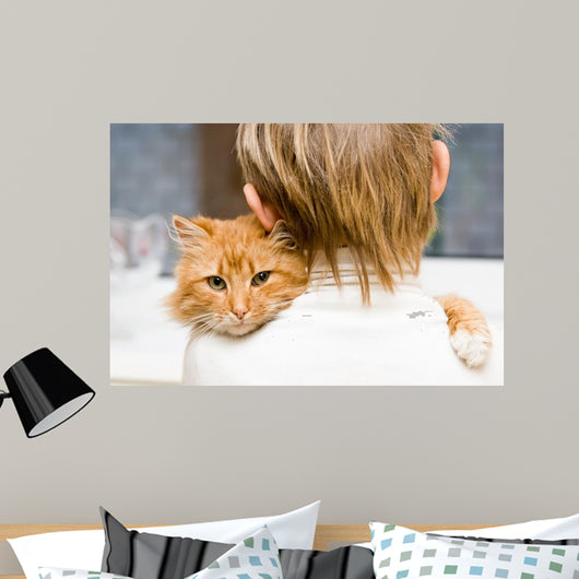 The red cat sitting on a shoulder at the child 