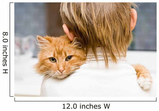 The red cat sitting on a shoulder at the child 
