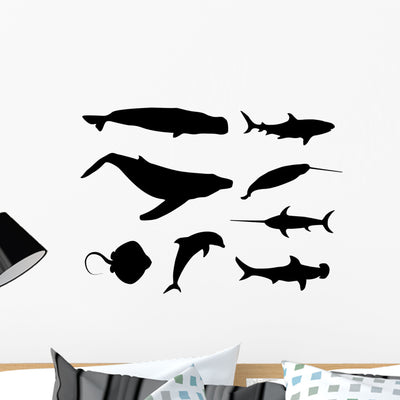 Set Silhouettes Fish Whale Wall Decal Sticker Set shown on a wall