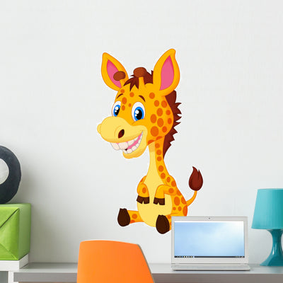 Cute Giraffe Cartoon Wall Decal shown on a wall