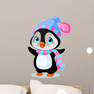 Cute Winter Penguin Wall Decal shown on a wall