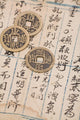 antique chinese book page and coin for background 